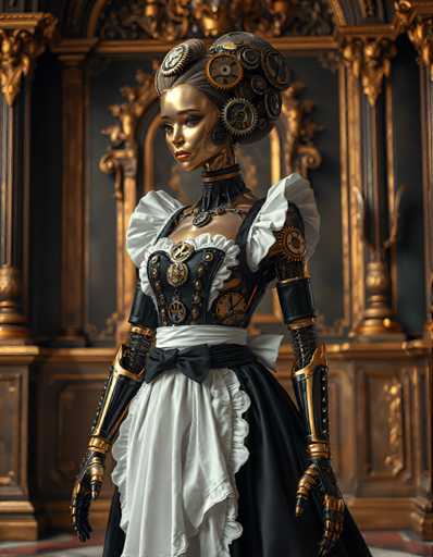 A woman is standing in front of a gold and black ornate doorway with a clock on the wall behind her. She is wearing a white dress with black ruffles and a black headpiece adorned with gold gears and cogs.