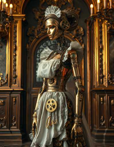 A bronze statue of a woman dressed as a maid stands in front of an ornate doorway with gold accents and intricate carvings. The statue is wearing a white dress and a headdress adorned with feathers.