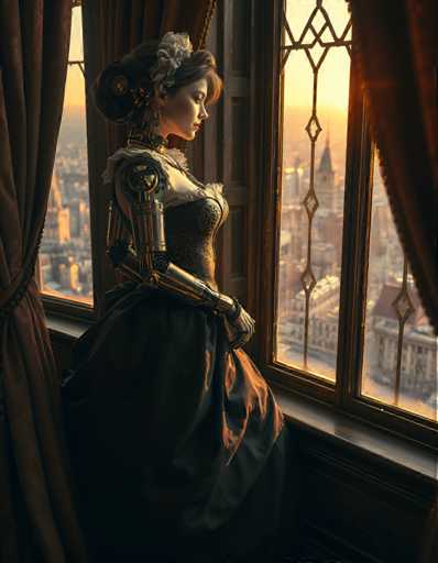 A woman dressed in a long black dress with gold accents stands on a windowsill, gazing out at the cityscape below. The window is framed by dark curtains and features a large stained glass panel that casts an array of colors onto the wall behind her.
