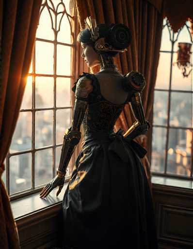 A woman dressed as a steampunk character stands on a windowsill, gazing out at the cityscape beyond. She wears a black dress with gold accents and a large headdress adorned with feathers. The window behind her is framed by an ornate curtain, adding to the vintage aesthetic of the scene.