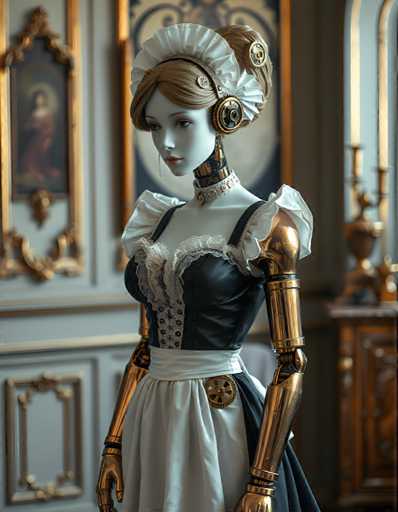 A mannequin dressed in a white dress with gold accents and a matching headpiece is the central focus of the image. The mannequin stands against a backdrop featuring a painting on the wall behind it.