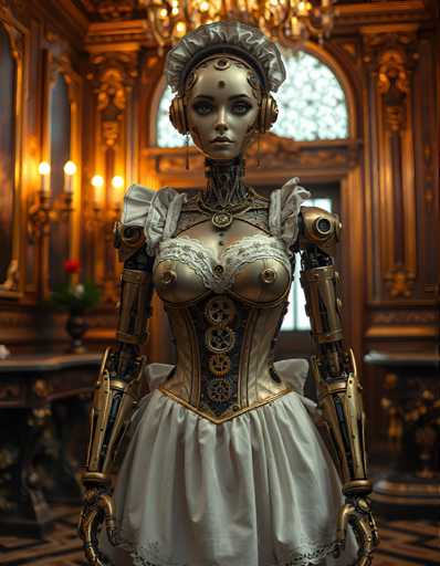 A robot figure dressed as a woman stands in front of a grand room with gold accents and a large window that lets in natural light. The robot is wearing a white dress and has a face painted on its forehead.