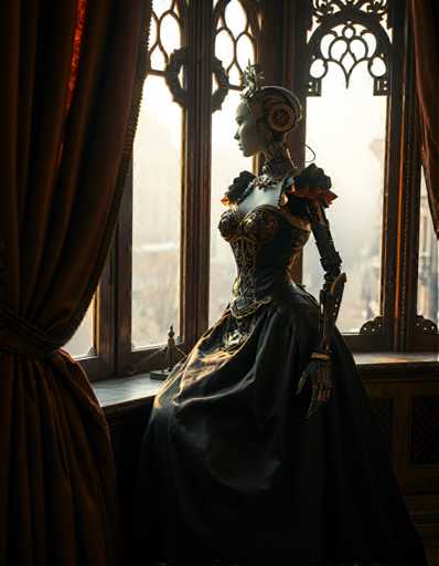 A mannequin dressed in a long black dress with gold accents and a crown sits on the windowsill of an ornate room, facing away from the camera.