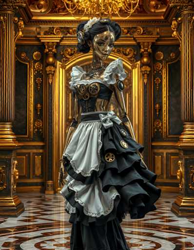 A woman dressed as a steampunk character stands on a marble floor in front of a grand room with gold columns and a chandelier. The woman is wearing a black and white dress with ruffles and a corset, and she has a mask covering her face.