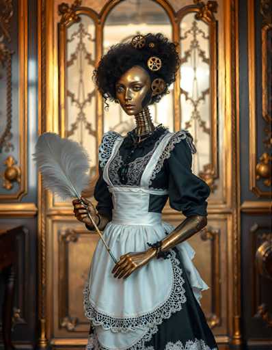A gold-colored doll with a black dress and white lace skirt stands against a dark background, holding a feather duster.