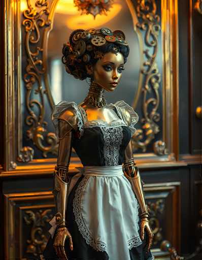 A meticulously crafted doll dressed in a white and black dress with gold accents stands against the backdrop of an ornate gold-framed mirror. The doll is adorned with a headpiece featuring intricate designs and a corset that adds to her regal appearance.