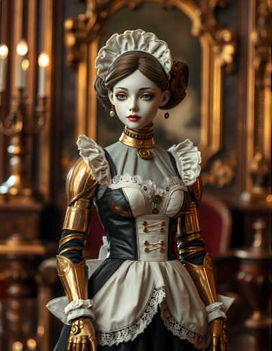 A doll is standing against a backdrop featuring a large mirror and a chandelier. The doll has a white dress with gold accents and a matching headpiece. The doll's hair is styled in an elegant updo, and she wears a white parasol over her shoulders.