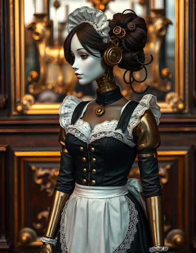 A meticulously crafted doll dressed in a black and white dress with gold accents stands against the backdrop of a dark room adorned with gold accents. The doll is wearing a white apron and a matching headpiece that includes a white hat and a gold brooch on her collar.