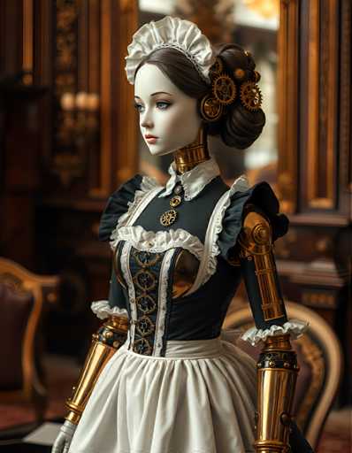A meticulously crafted doll dressed in a traditional Victorian-era dress and hat stands against the backdrop of an ornate room with gold accents. The doll is positioned on the left side of the image, facing towards the right.