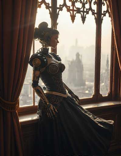 A woman dressed as a robot stands on a windowsill, her arms outstretched and legs bent at the knees. The window behind her is framed by red curtains that hang from a metal frame with intricate designs. In the background, there are buildings visible through the window.