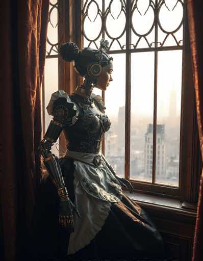 A robot figure dressed as a woman is seated on a window sill with its arms crossed and legs folded, facing the camera. The backdrop features an orange curtain and a cityscape beyond it.