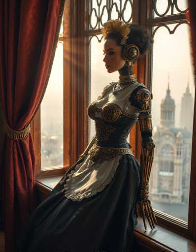 A woman dressed as a robot stands on a windowsill, wearing a black dress and gold earrings with a crown on her head. The window behind her is framed by red curtains that match the color of her dress. In the background, there are buildings visible through the window.