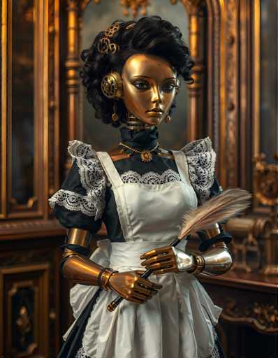 A woman dressed as a maid stands in front of a mirror with her hands on her hips and a feather duster in one hand. The background features a wooden cabinet and a gold-colored door.