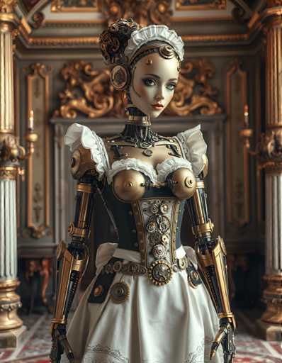 A meticulously crafted robot figure stands in a grand room with gold accents and intricate designs on the walls. The robot is adorned in a white dress that contrasts beautifully against its metallic skin. The figure's arms and legs are intricately detailed, showcasing the artist's skill and attention to detail. The background features a large window draped with gold curtains, allowing natural light to illuminate the room and highlighting the golden accents throughout.