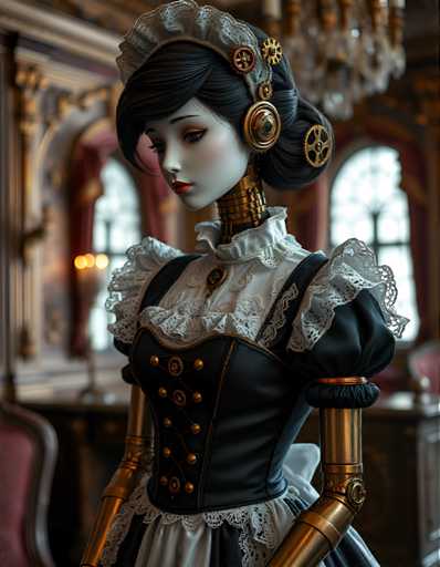 A meticulously crafted doll dressed in a black and white dress with gold accents stands against the backdrop of an ornate room filled with chandeliers and intricate decorations. The doll is adorned with a large headpiece featuring a clockwork mechanism that adds to its regal appearance.