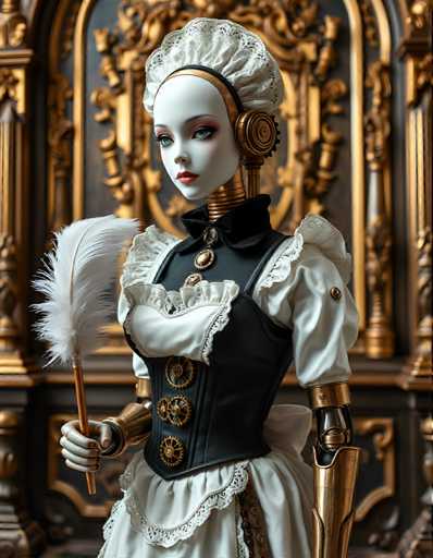 A doll with a white face and black dress is standing against a gold background. The doll has a large white feather in her hand and is holding a small golden keychain.