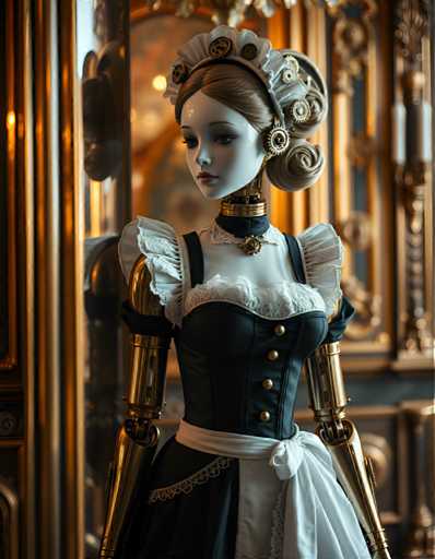 A meticulously crafted doll dressed in a black and white dress with gold accents stands against the backdrop of an ornate room with gold walls and a chandelier hanging from the ceiling. The doll is adorned with a white headpiece and a black and white striped skirt, adding to its regal appearance.