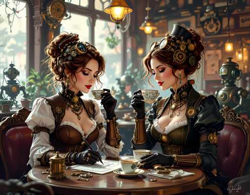 The image depicts two women dressed in period costumes seated at a table with a cup of tea and a menu in front of them. The woman on the left is wearing a corset and a hat, while her companion on the right has a similar attire but also wears a necklace around her neck. Both women are holding cups of tea, suggesting they might be enjoying a moment of relaxation or conversation over their beverages.