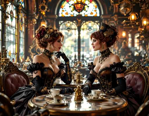 The image shows two women seated at a table with a chessboard between them. The woman on the left is wearing a black dress and has her hair styled in an updo, while the woman on the right is dressed in a red dress and has her hair styled in loose waves. Both women are wearing gloves as they play the game of chess.