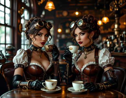 Two women dressed in steampunk-style clothing sit at a table with white tablecloths and gold accents, each holding a cup of coffee and wearing goggles over their eyes.