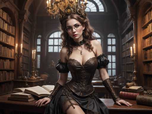 A woman with long brown hair and glasses is seated at a desk in a library surrounded by bookshelves filled with books. She is wearing a corset and a crown on her head, suggesting she may be a character from a fantasy or historical fiction novel.