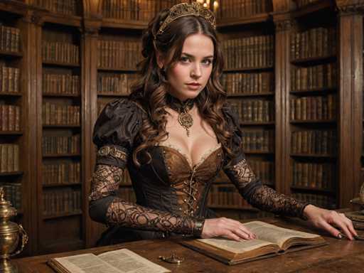 A woman dressed in a long dress and a gold headband is seated at a desk with an open book in front of her. The room has wooden shelves filled with books on the walls, creating a cozy atmosphere.