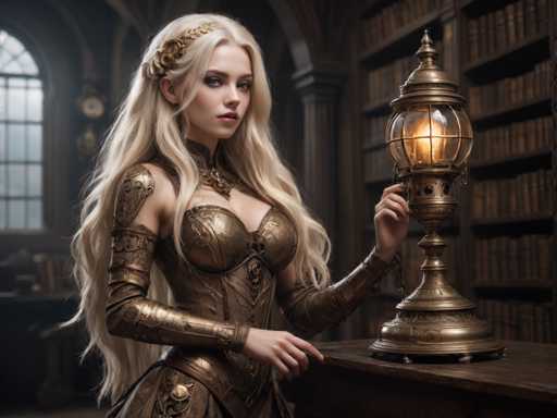A woman with blonde hair is standing in front of a bookshelf filled with numerous books and wearing a gold outfit that includes a corset and a headdress. She holds a lantern in her right hand while looking directly at the camera.