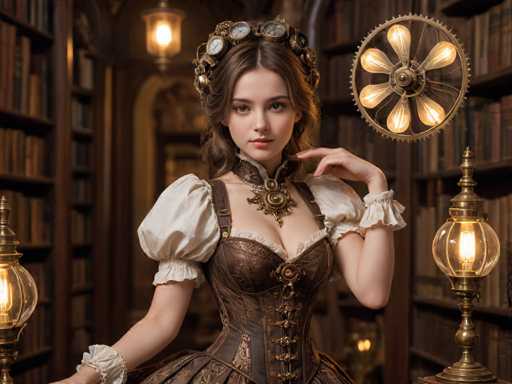 A woman is standing in front of a bookshelf filled with books and lamps. She is wearing a corset and a headpiece that includes a large gold pendant. The background features a chandelier hanging from the ceiling.