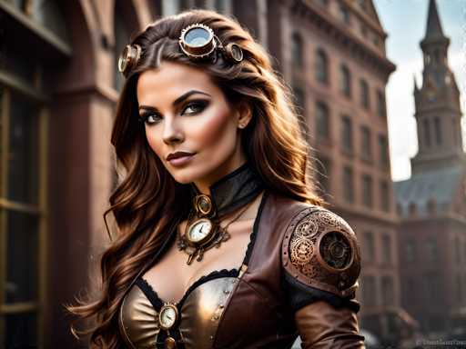 A woman with long brown hair and a steampunk-inspired outfit stands in front of an old building, wearing a corset, leather jacket, and goggles. She is positioned on the left side of the frame, facing towards the right. The background features a cityscape with buildings and trees, suggesting that she might be in a historic or urban setting.