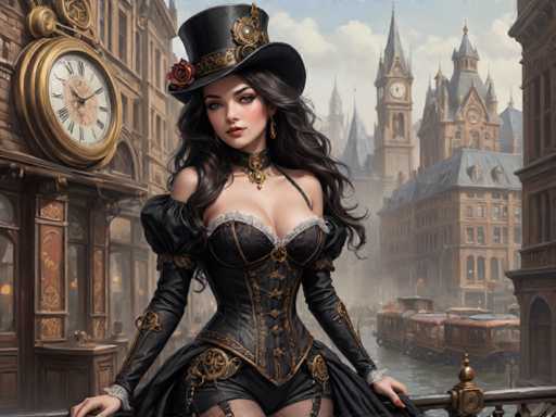 The image depicts a woman dressed in period clothing with a corset and top hat, standing on a balcony overlooking a cityscape. The woman is positioned centrally within the frame, drawing attention to her as the main subject of the image. In the background, there are buildings that add depth to the scene, suggesting an urban setting.