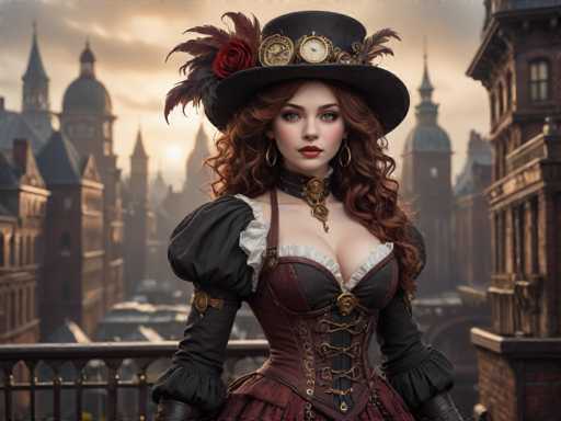 The image depicts a woman wearing a large hat and corset with a red rose on her lapel. She is standing against the backdrop of an old cityscape, which includes buildings with intricate architectural details such as spires and domed roofs. The colors in the image are predominantly browns and grays, creating a vintage or historical atmosphere.