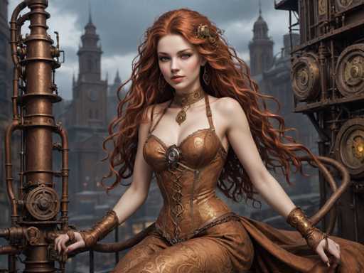 A woman with long red hair and a corset is seated on a bench in front of a large machine that has a clock on it. The setting appears to be an industrial or factory environment, as indicated by the presence of pipes and other machinery around her.