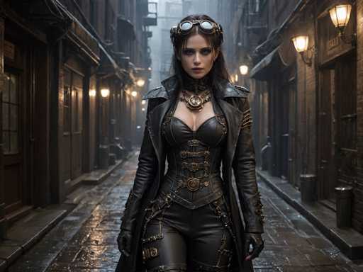A woman dressed in a black leather outfit with gold accents is walking down an alleyway at night. She has a steampunk-inspired look and is wearing goggles that add to her futuristic appearance. The image is taken from the side of the alleyway, providing a clear view of the woman as she walks towards the camera.
