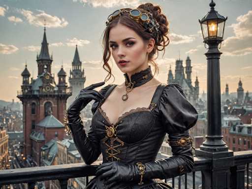 A woman dressed in a black dress with gold accents and a steampunk-inspired headpiece stands on a balcony overlooking a cityscape of tall buildings under a clear blue sky dotted with clouds.