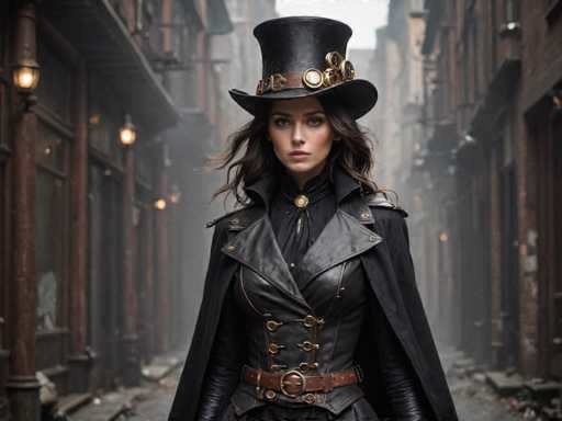 A woman is standing on a street wearing a top hat and coat with gold accents. She has long brown hair and is looking directly at the camera. The background features buildings and lanterns, creating an urban setting for her photo shoot.