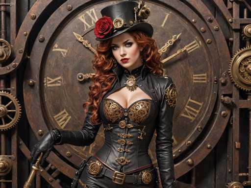A woman with red hair and a black top hat is standing in front of a large clock that has Roman numerals on it. She is wearing a corset and leather boots, which gives her an air of elegance and mystery. The background features a metal structure adorned with gears and other mechanical parts, suggesting a connection to the world of machinery or perhaps even time travel.