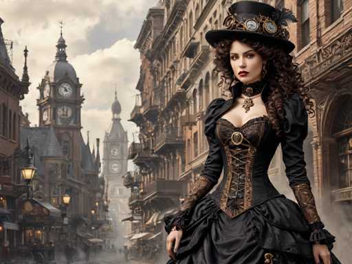 A woman dressed in a black Victorian-style dress and hat stands on a street corner with a clock tower in the background.