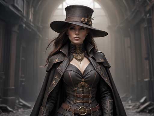 The image shows a woman wearing a black top hat and coat with a gold belt buckle. She is standing in front of an archway that leads into the darkness beyond. The background appears to be a dimly lit hallway or tunnel, adding to the mysterious atmosphere of the scene.