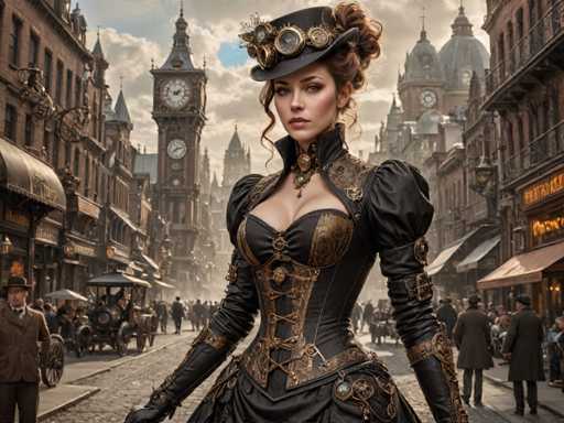 The image depicts a woman dressed in an elaborate Victorian-era dress and hat standing on a cobblestone street surrounded by buildings with ornate architecture. The woman is wearing a corset and a top hat, adding to the historical atmosphere of the scene. In the background, there are people walking along the street, contributing to the bustling cityscape.
