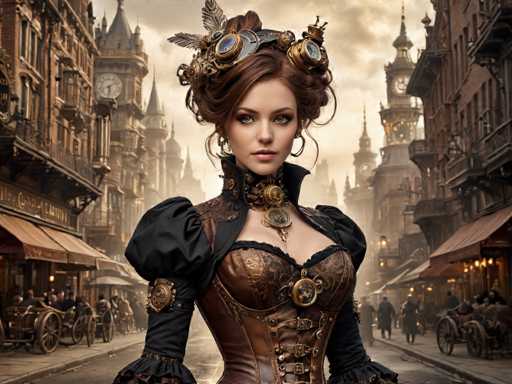 A woman dressed in a corset and headdress stands on a street with buildings lining the sides behind her. The sky above is overcast, casting a soft light over the scene.