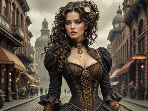 A woman with long brown hair wearing a corset and a large gold brooch is the main subject of this image. She stands on a cobblestone street lined with buildings, suggesting an old-world setting. The woman's attire includes a black dress adorned with gold accents that adds to her regal appearance. In the background, there are people walking along the street, and a clock tower can be seen in the distance.