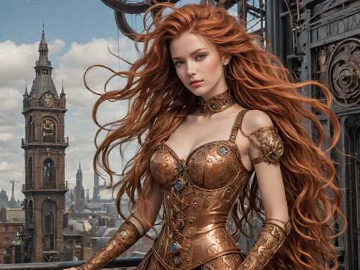 A woman with long red hair wearing a corset and gold armor stands on a balcony overlooking a cityscape under a clear blue sky.