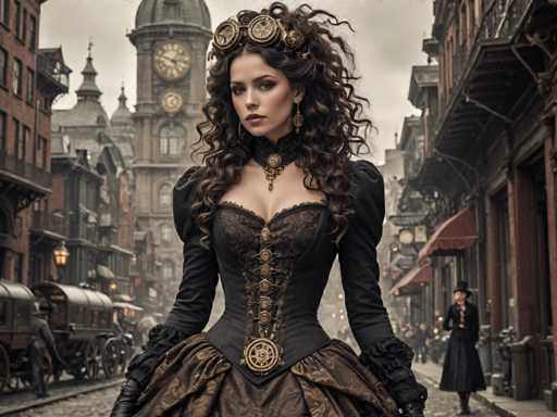 A woman with long brown hair and a corset stands on a cobblestone street, wearing a black dress with gold accents and a large headband. A clock tower is visible in the background, suggesting an old-world setting.