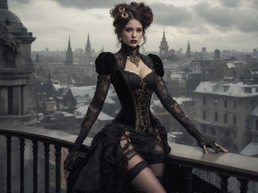 A woman is captured in a moment of quiet contemplation on a balcony overlooking the cityscape below. She is dressed in an elegant black corset and lace dress, with her hair styled in an updo adorned with gold flowers. The balcony she stands on is made of metal railings that extend outwards from the foreground to meet the edge of the image at the bottom right corner.

The city skyline forms a stunning backdrop for this scene, with buildings of varying heights and designs stretching across the horizon. The sky above mirrors the gray hue of the cityscape below, creating an atmosphere of tranquility and timelessness.
