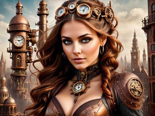 The image depicts a woman with long brown hair wearing a steampunk-style outfit that includes a corset and a headpiece adorned with gold gears and other metallic elements. The background features a cityscape with tall buildings and towers, suggesting an urban setting.
