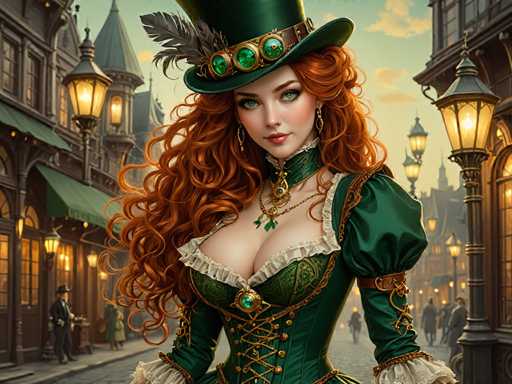 The image depicts a woman with red hair wearing a green dress and hat standing on a cobblestone street at night. She is positioned between two buildings, one of which has a sign that reads "Lloyd's". The background features several lanterns hanging from the buildings, creating an atmospheric setting for the scene.