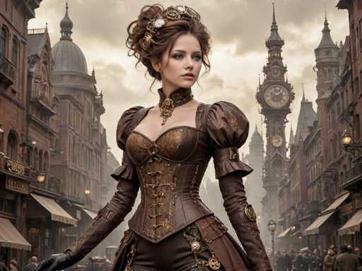 A woman dressed in a corset and long sleeves stands on a street corner with a clock tower behind her. The buildings lining the street have ornate architectural details, including domed roofs and arched windows.