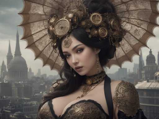 The image depicts a woman with long dark hair wearing an ornate costume that includes a large headdress and a corset. She is positioned against the backdrop of a city skyline, suggesting she might be in a public place or event. The woman's attire and the urban setting create a sense of elegance and sophistication.
