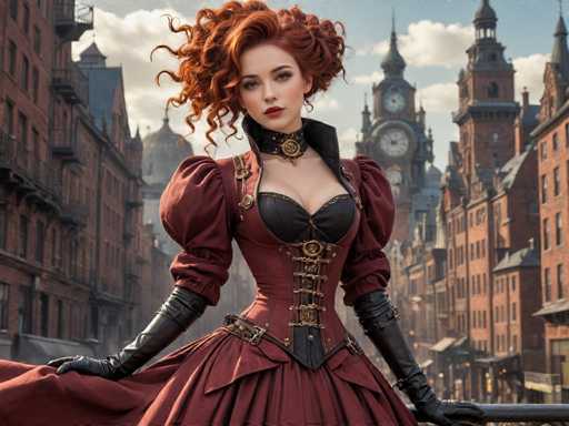 A woman with red hair and a corset stands on a street corner wearing a long dress and gloves. The buildings behind her have large windows that reflect the light from the clear blue sky above.