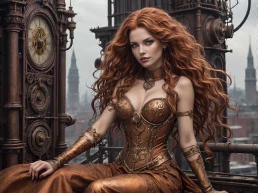 A woman with long red hair is seated on a balcony overlooking a cityscape. She is wearing a corset and gold armor, suggesting she may be a character from a fantasy or science fiction story. The image also features a clock tower in the background, adding to the urban setting.
